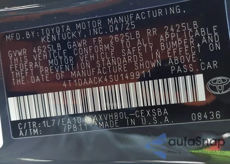 2025 Toyota Camry Se from USA, damaged, VIN 4T1DAACK4SU149911